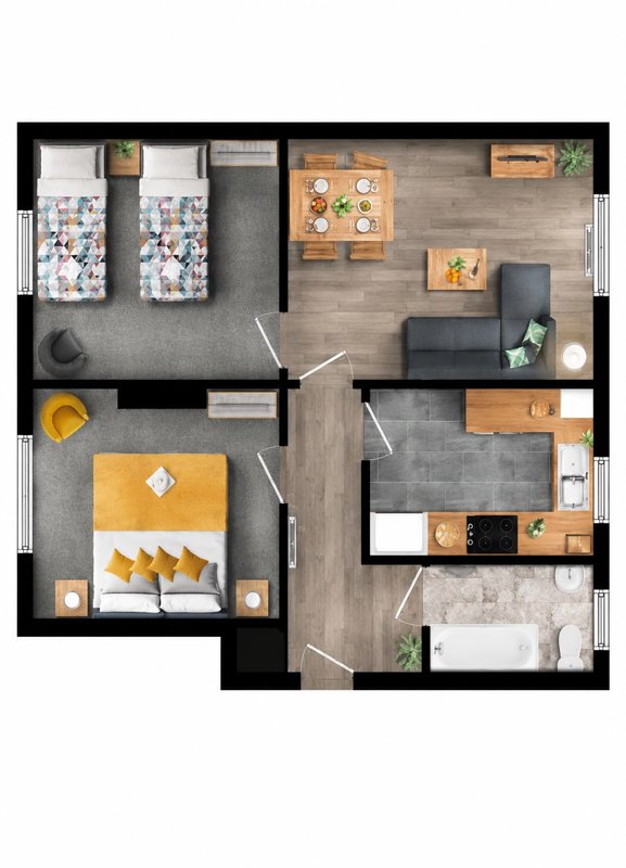 Overhead floor plan layout of two-bedroom apartment with living area, kitchen, and bathrooms