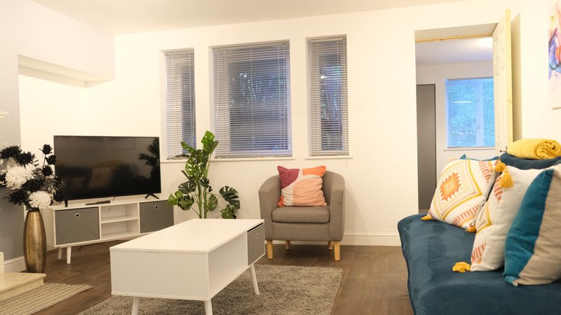 Modern living room with TV, armchair, sofa, white coffee table and potted plants