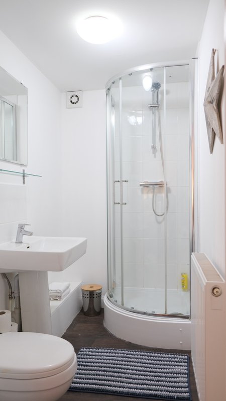 Modern bathroom with toilet, pedestal sink, curved glass shower enclosure and mat
