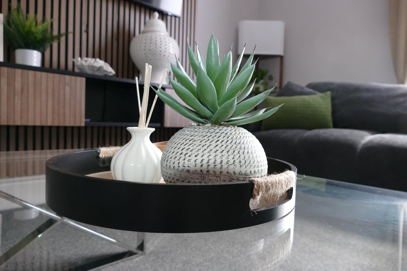 Modern living room with black round table, potted succulent, decorative vases, and gray sofa