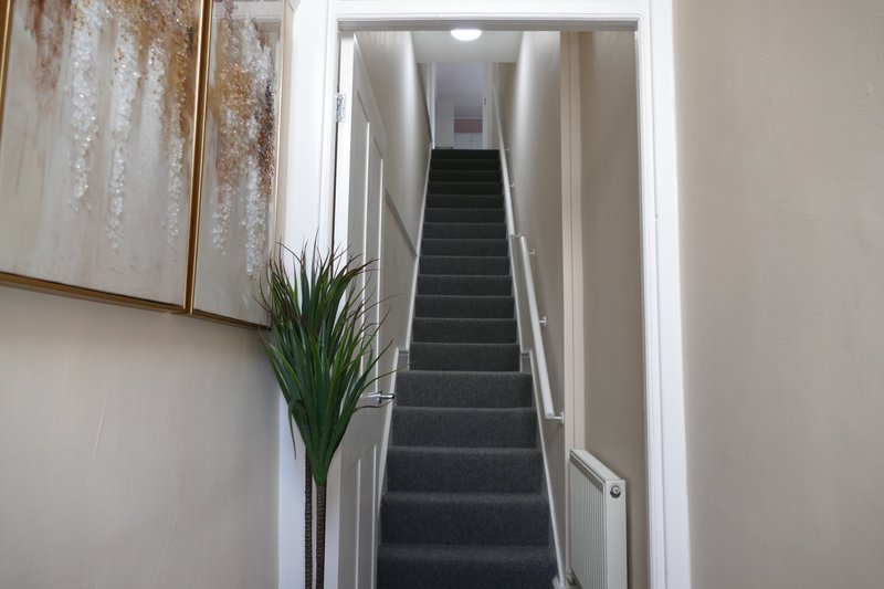 Narrow staircase with dark steps, white walls, potted plant and framed artwork
