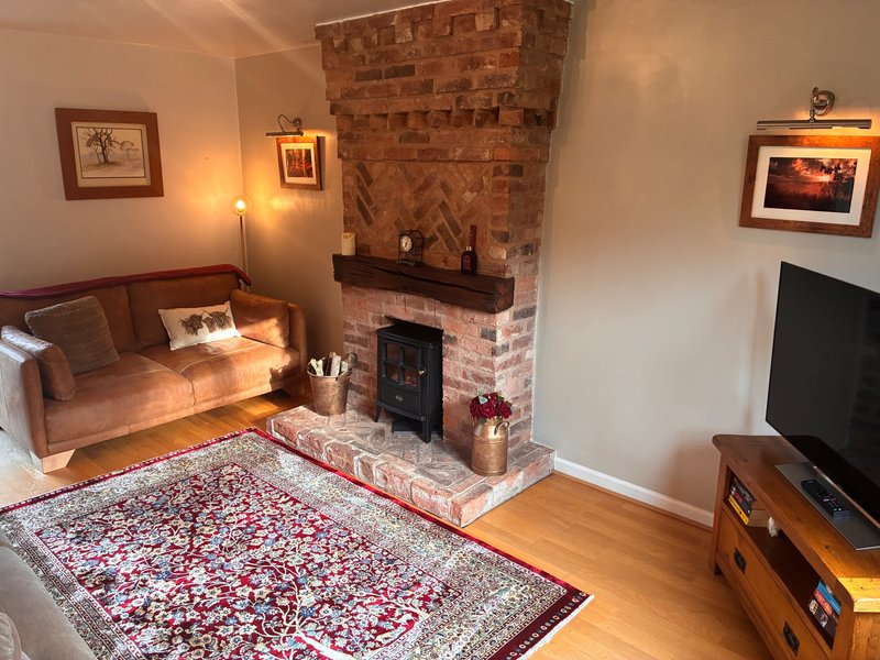 Living room with brown leather sofa, fireplace, patterned rug and wooden TV stand