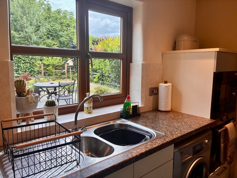Kitchen with sink, countertop, window overlooking garden, and houseplants
