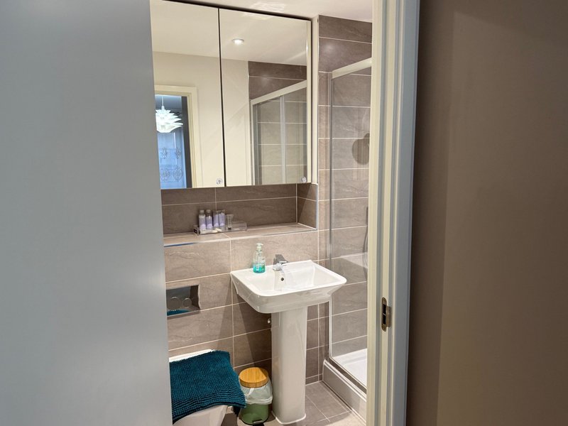 Modern bathroom with pedestal sink, mirrored cabinet, tiled shower enclosure and blue bath mat