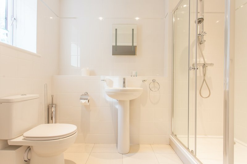 Clean modern bathroom with toilet, pedestal sink, shower enclosure and window