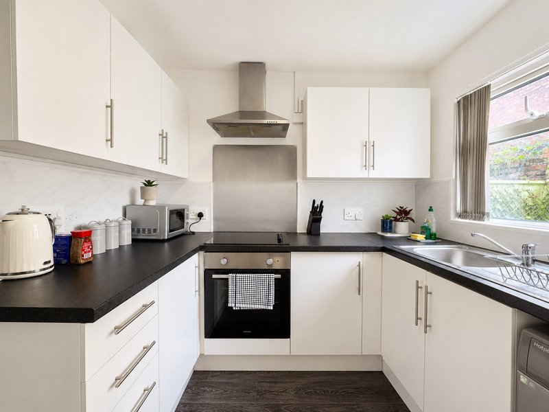 Modern kitchen with white cabinetry, black countertops, stainless steel appliances and extractor hood