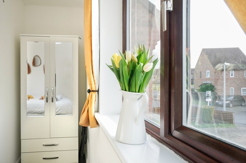 Bright windowsill with white vase of yellow tulips, mirrored wardrobe, and street view