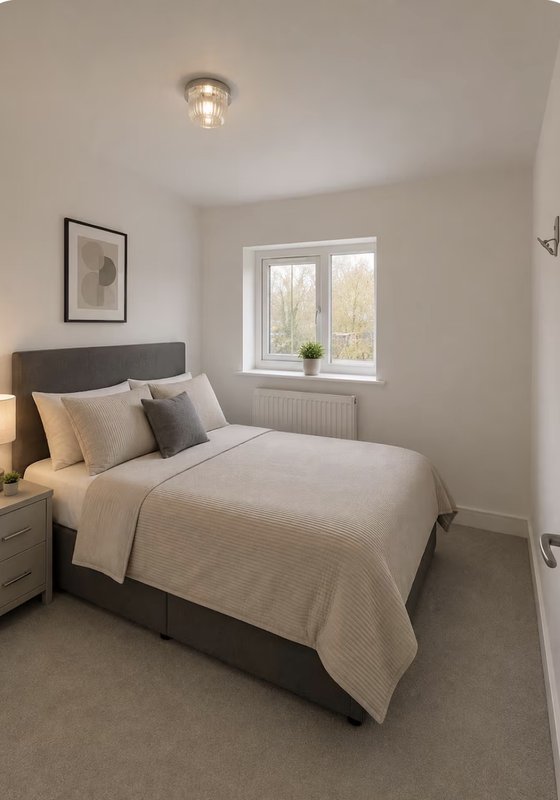 Modern bedroom with double bed, grey headboard, neutral bedding, window with radiator, framed wall art
