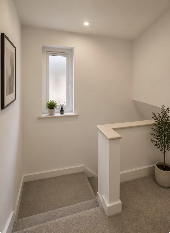 Bright stairwell with white walls, window, potted plant, and framed artwork