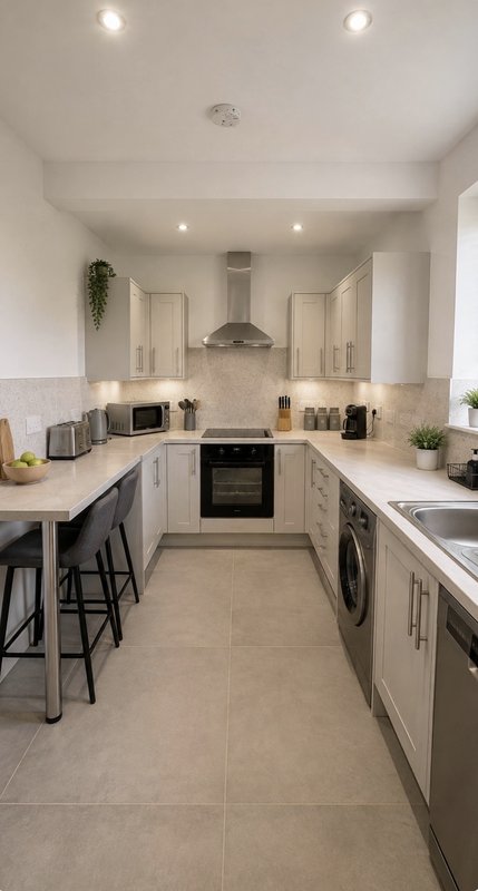 Modern galley kitchen with white cabinetry, black appliances, island seating and washing machine
