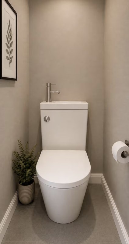 Modern bathroom with white toilet, integrated sink, potted plant and wall art
