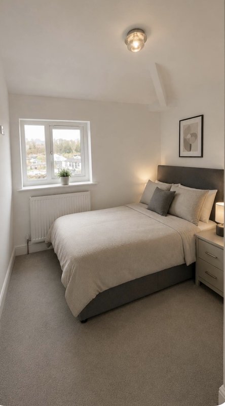 Bright bedroom with double bed, black headboard, window view, and ceiling light fixture