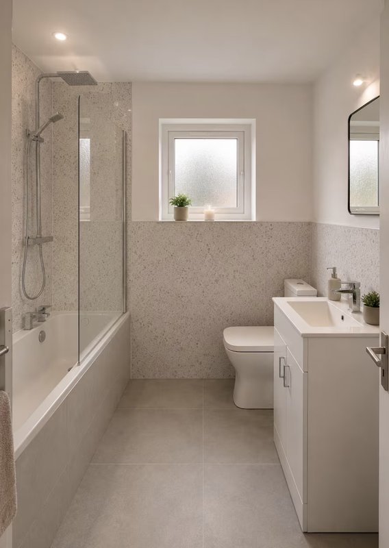 Modern bathroom with shower enclosure, toilet, vanity sink and window