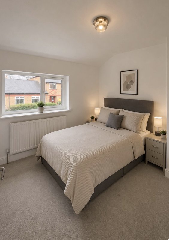 Bright bedroom with double bed, black headboard, bedside lamps and large window