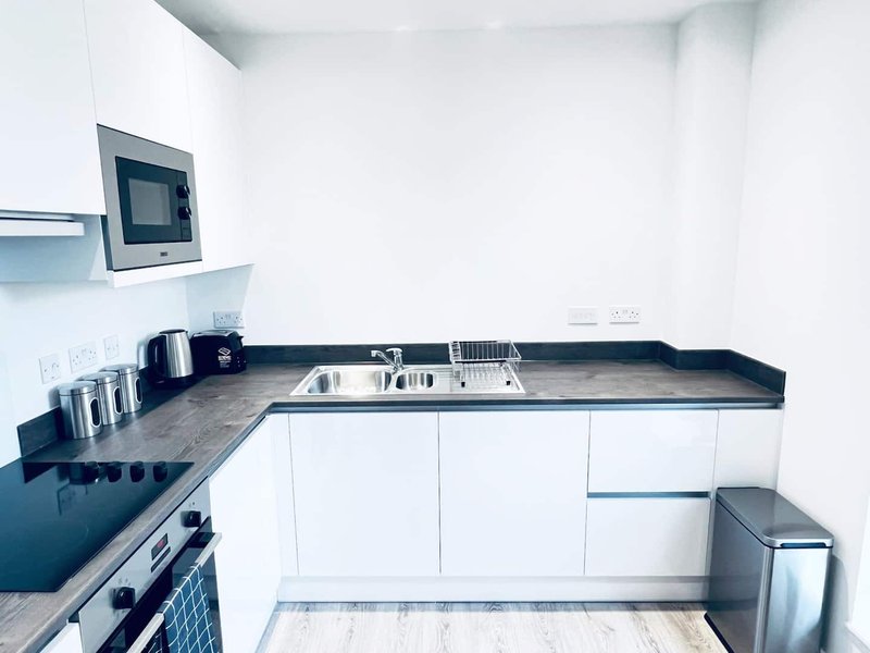 Modern kitchen with white cabinetry, dark countertop, built-in microwave and stainless steel appliances