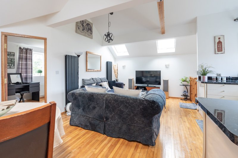 Open-plan living area with grey sofa, wooden flooring, TV, and modern furnishings