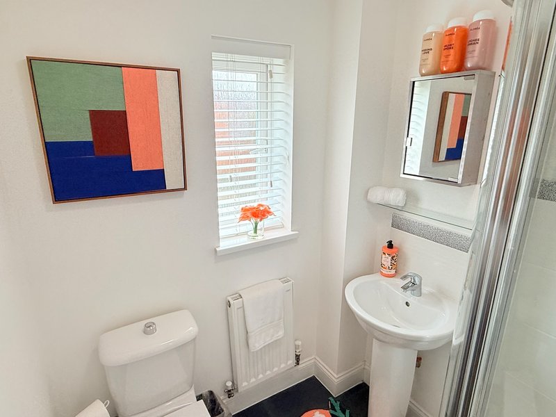 Bright bathroom with toilet, pedestal sink, shower enclosure and colorful wall art