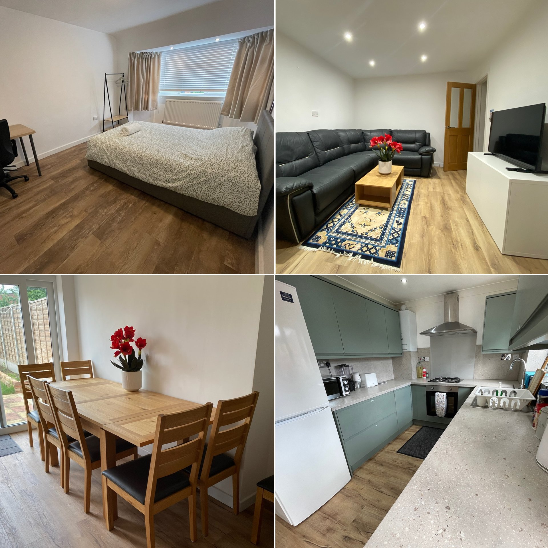 Four-panel collage showing bedroom, living room, dining area, and modern kitchen with wooden floors