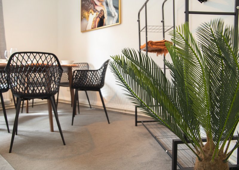 Modern seating area with black lattice chairs, potted palm plant, and framed artwork on wall