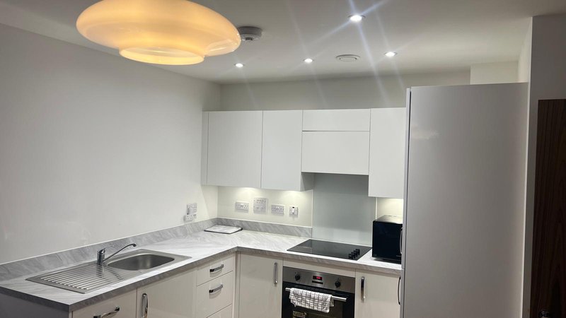 Modern white kitchen with sink, cooker, built-in appliances and round ceiling light