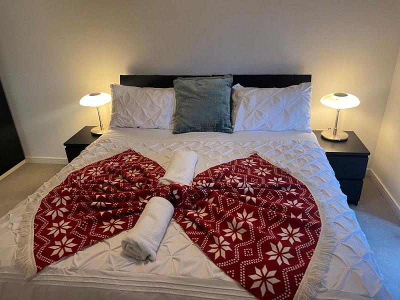 Modern bedroom with double bed, red patterned throws, pillows, bedside lamps and dark headboard