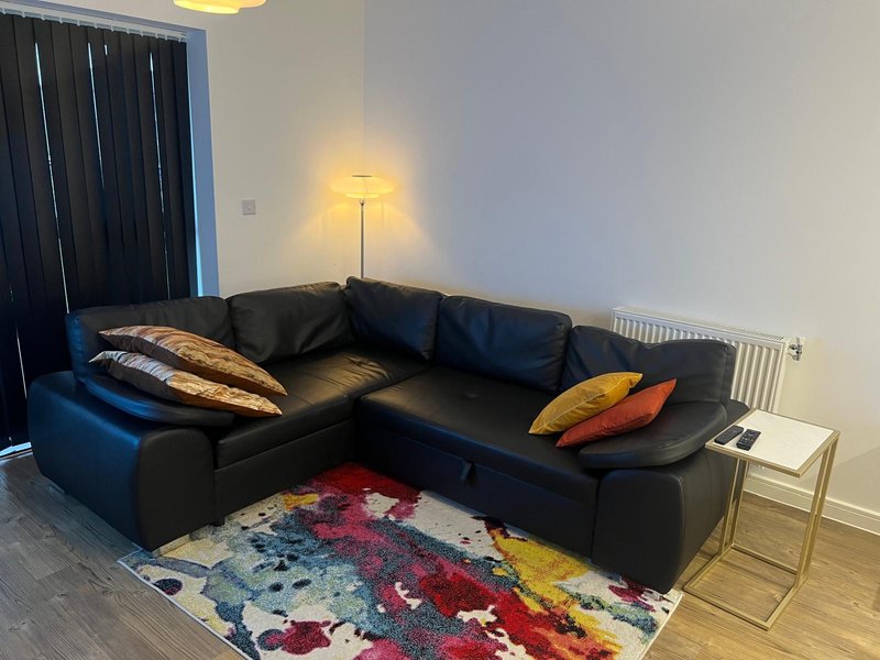 Modern living room with black corner sofa, colorful rug, floor lamp and side table