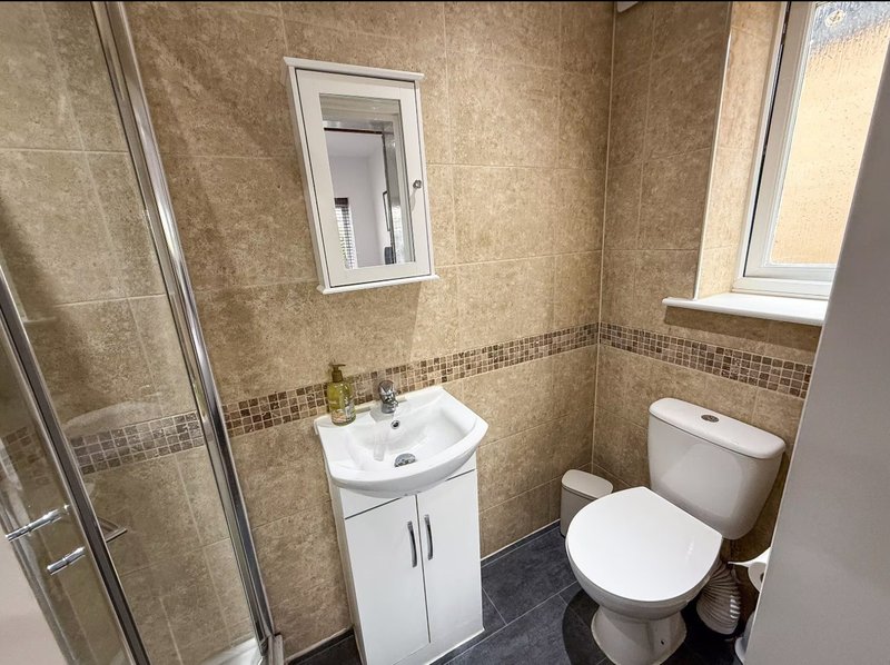 Bathroom with sink vanity, toilet, shower enclosure and mirror