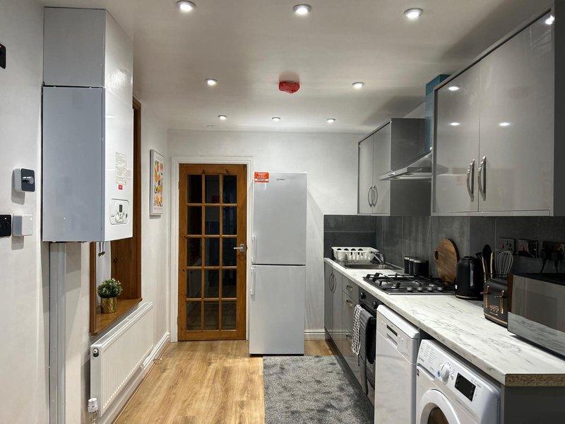 Modern galley kitchen with white cabinets, stainless steel appliances, wooden flooring and recessed lighting