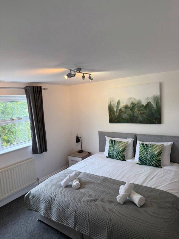 Bedroom with double bed, grey headboard, forest artwork, window with dark curtains, ceiling light fixture