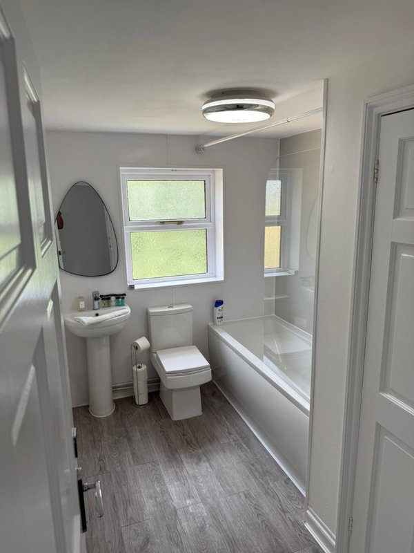 Modern bathroom with toilet, pedestal sink, mirror, window and shower enclosure