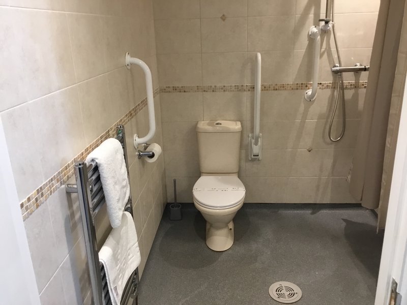 Accessible bathroom with toilet, grab bars, towel rail and walk-in shower