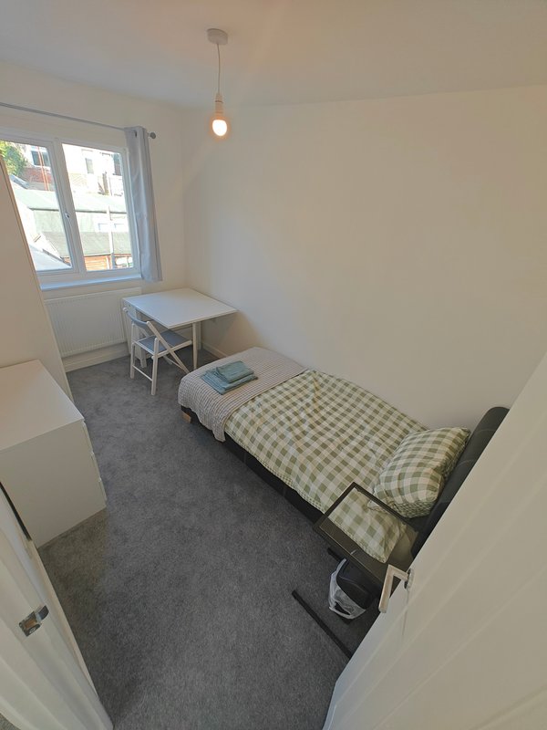 Small bedroom with single bed, desk, window, pendant light and grey carpet