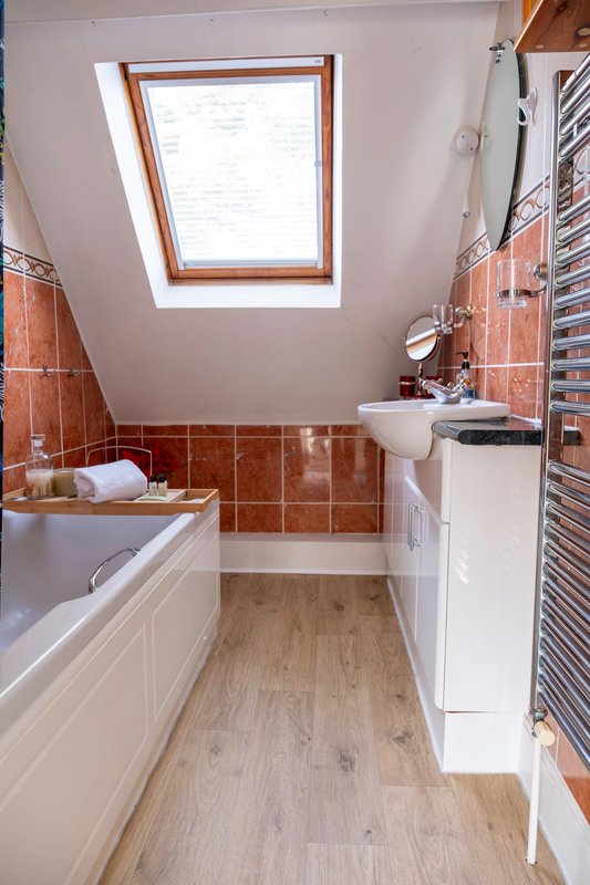 Bathroom with skylight, bathtub, sink, terracotta tile walls and wooden floor