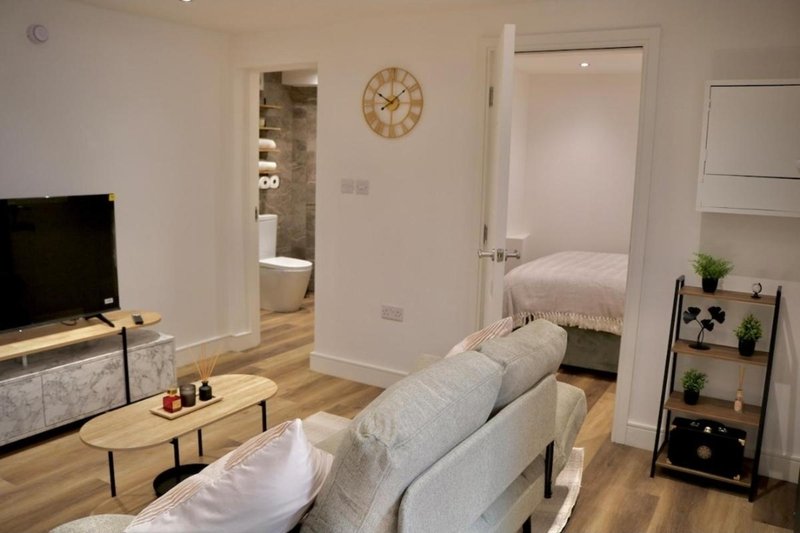 Open-plan living area with sofa, TV, wooden coffee table, clock, and bedroom doorway