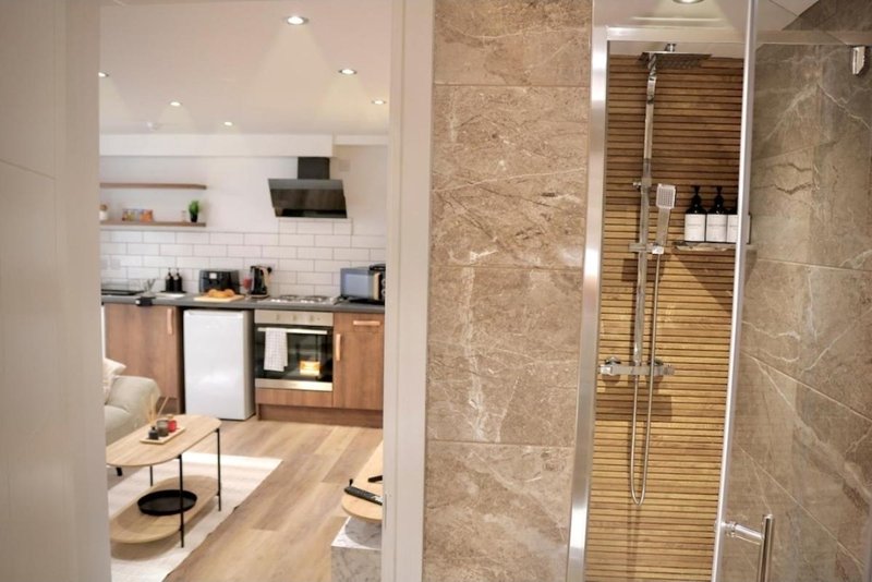 Modern open-plan kitchen and bathroom with wooden cabinetry, marble tiles, and integrated appliances
