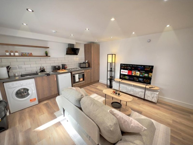 Open-plan kitchen and living area with sofa, TV, wooden flooring and modern appliances