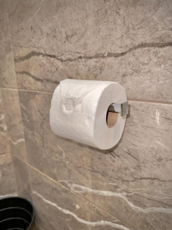 Bathroom wall with toilet paper holder mounted on tiled surface