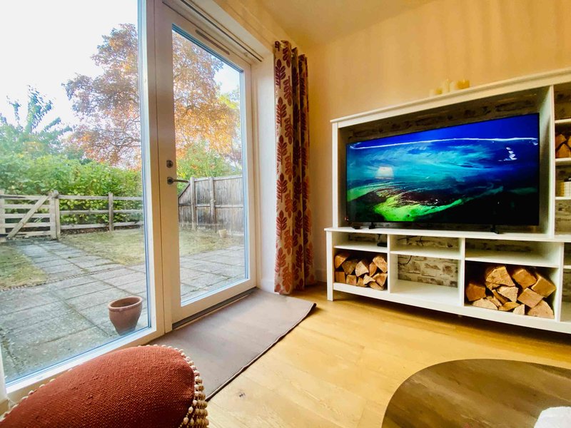 Bright living room with glass doors to garden, TV unit with storage, and wooden flooring
