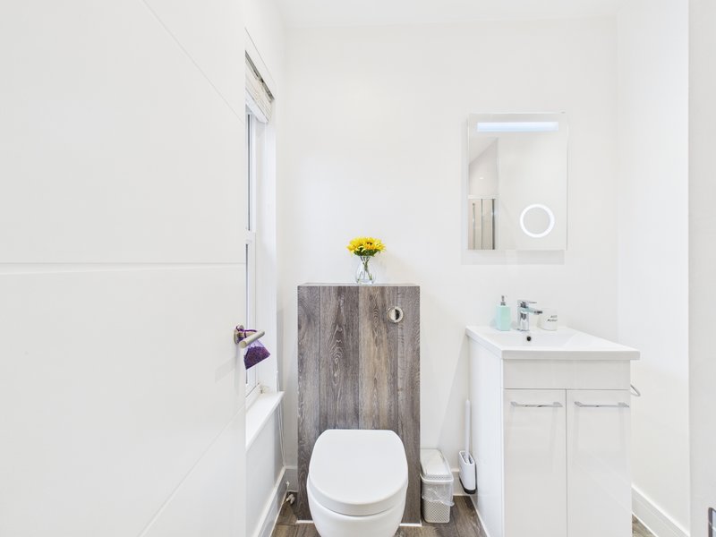 Compact bathroom with white toilet, pedestal sink, mirror and small wooden shelf with flowers