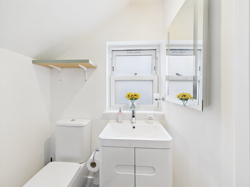 Bright bathroom with white vanity, sink, toilet, shelf and window with flowers