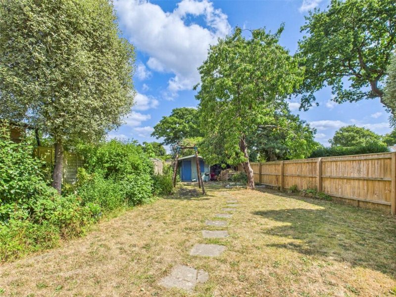 Garden area with mature trees, wooden fencing, stepping stones and garden shed