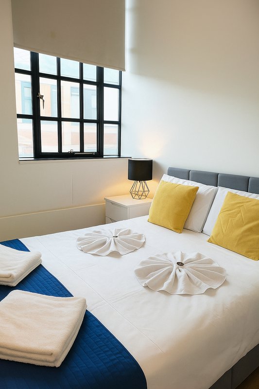 Modern bedroom with double bed, yellow pillows, industrial window, and bedside lamp