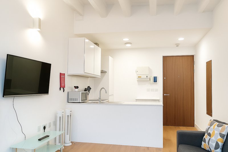 Modern studio kitchenette with white cabinetry, wall-mounted TV, and wooden door entrance