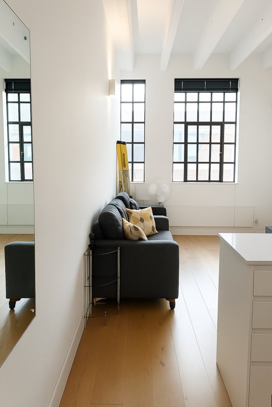 Bright modern living space with black armchair, wooden flooring, white walls and large windows