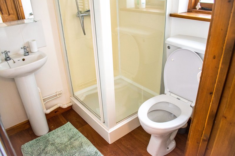 Bathroom with toilet, pedestal sink, shower enclosure and wooden flooring