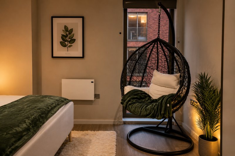 Bedroom with single bed, hanging egg chair, potted plants and warm lighting