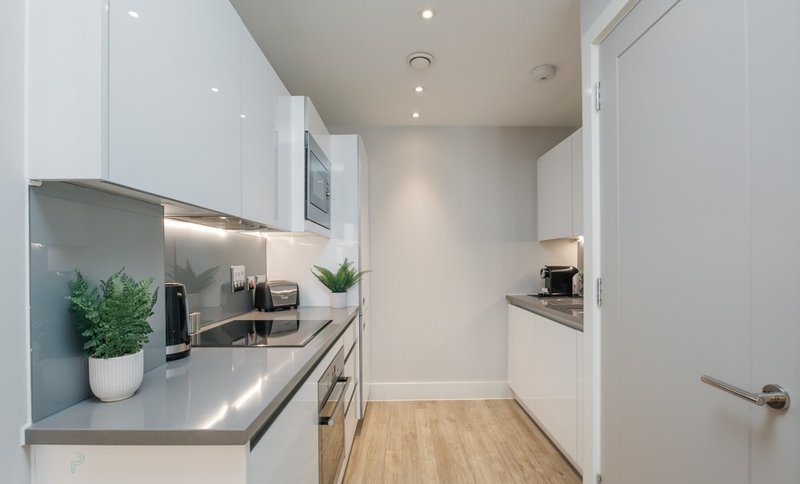 Modern kitchen with white cabinetry, grey countertops, stainless steel appliances.