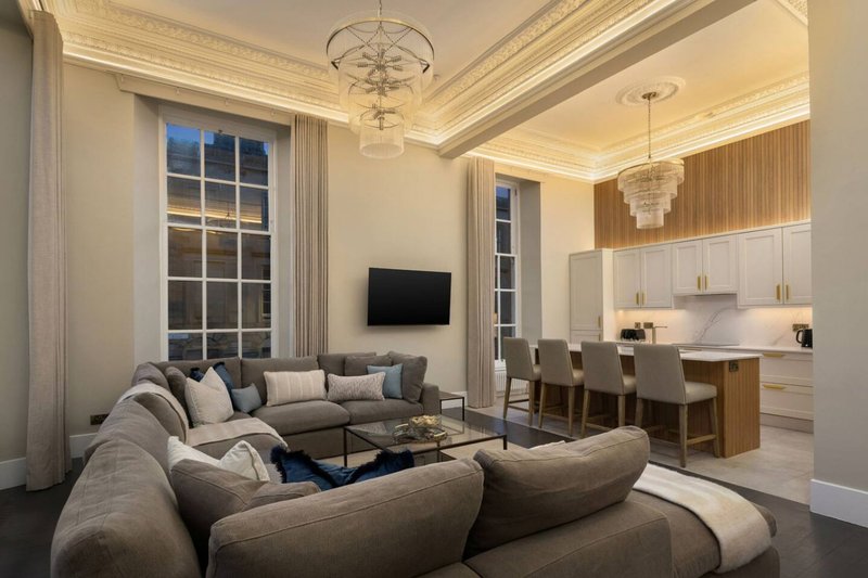 Open-plan living area with curved sofa, TV, dining table, and kitchen with wooden cabinetry