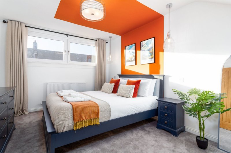 Modern bedroom with navy bed, orange accent wall, white bedding, and potted plant by window