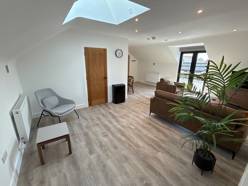 Open-plan living space with modern furniture, wooden flooring, skylight and potted plants